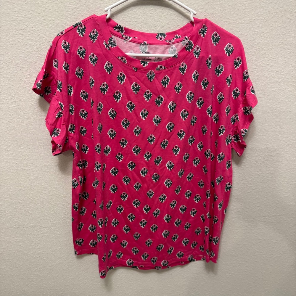 Crown & Ivy Pink Floral Print Short Sleeve Casual‎ T-Shirt Top Women's Large